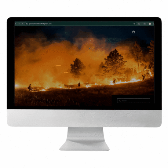 Animated preview of the redesigned Grassroots Wildland Firefighters website, showcasing smooth scrolling, bold firefighter imagery, clear navigation menus, and prominent calls to action for donations and legislative support.
