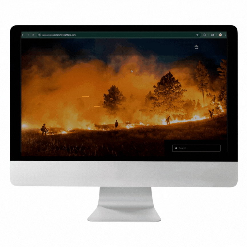 Animated preview of the redesigned Grassroots Wildland Firefighters website, showcasing smooth scrolling, bold firefighter imagery, clear navigation menus, and prominent calls to action for donations and legislative support.